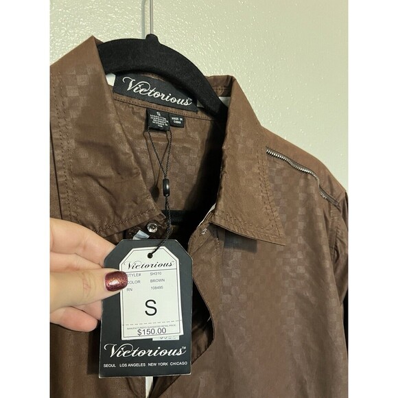 Victorious Mens Dress Button Up Shirt Size Small Brown Check Y2K - Picture 2 of 4